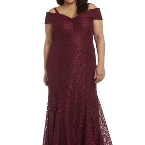 R & M Richards Merlot Off-the-Shoulder Lace Dress